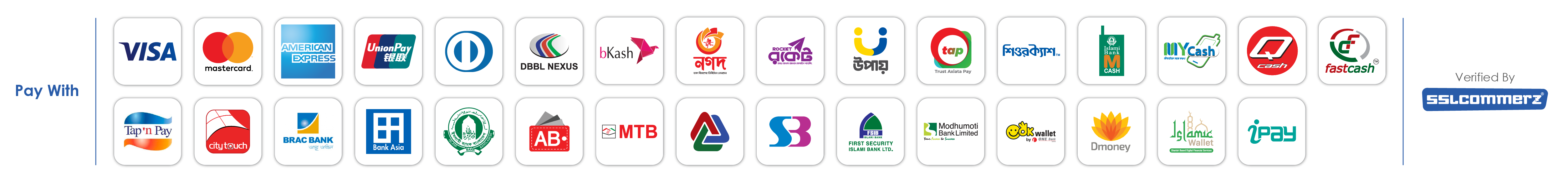 Supported Payment Methods: Bkash, Nagad, Rocket, Visa, Mastercard